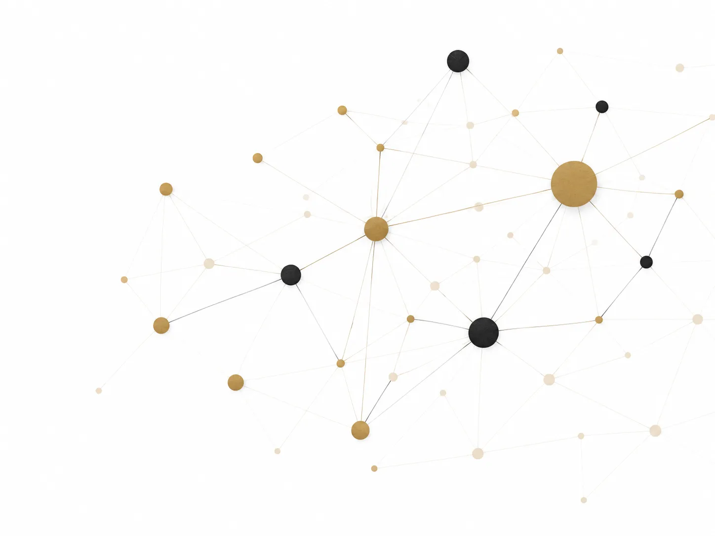 Grafo abstracto de conexiones en tonos grafito y dorado que representa la red de conocimiento, innovación y estrategia de Ana María Lara