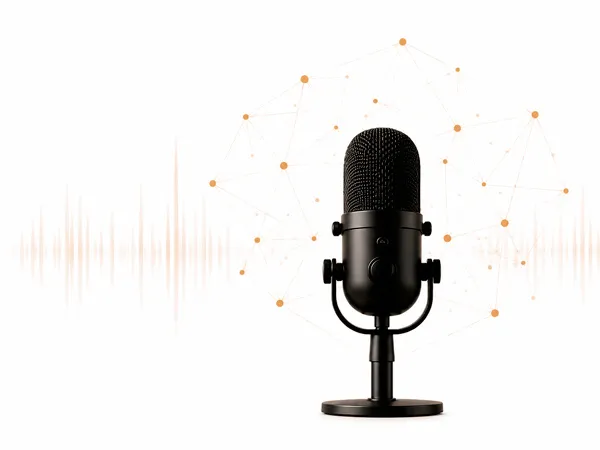 Micrófono de podcast sobre fondo blanco con grafo de conexiones doradas que representa conversaciones sobre ciencia, innovación y futuro