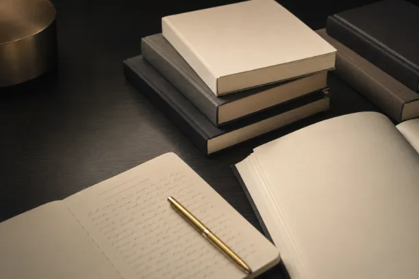 Composición editorial con libros y elementos de escritura en tonos oscuros y dorados
